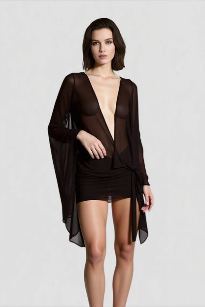 Mesh Plunging Bell Sleeve Bandage Mini Dress