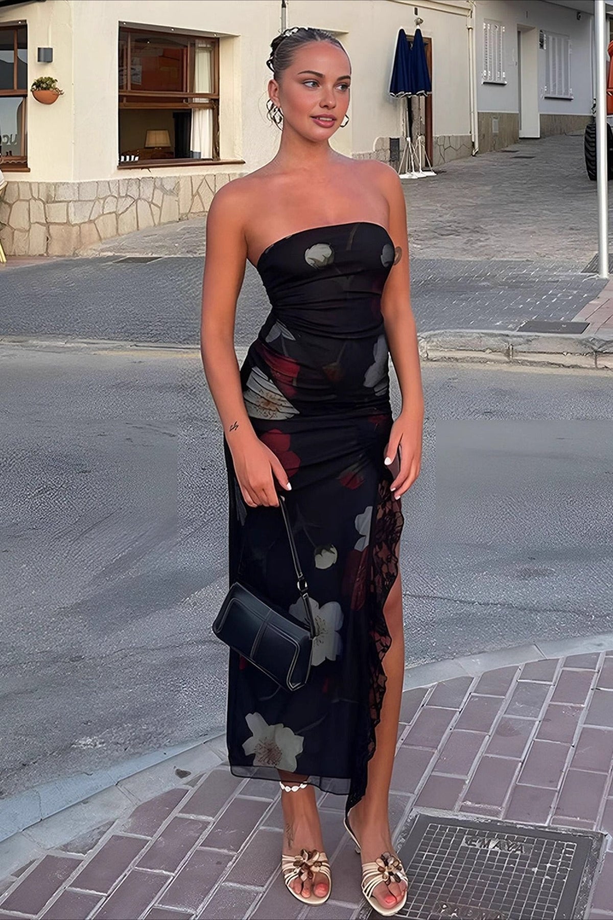 Off Shoulder Mesh Strapless Slit Slim Floral Dress