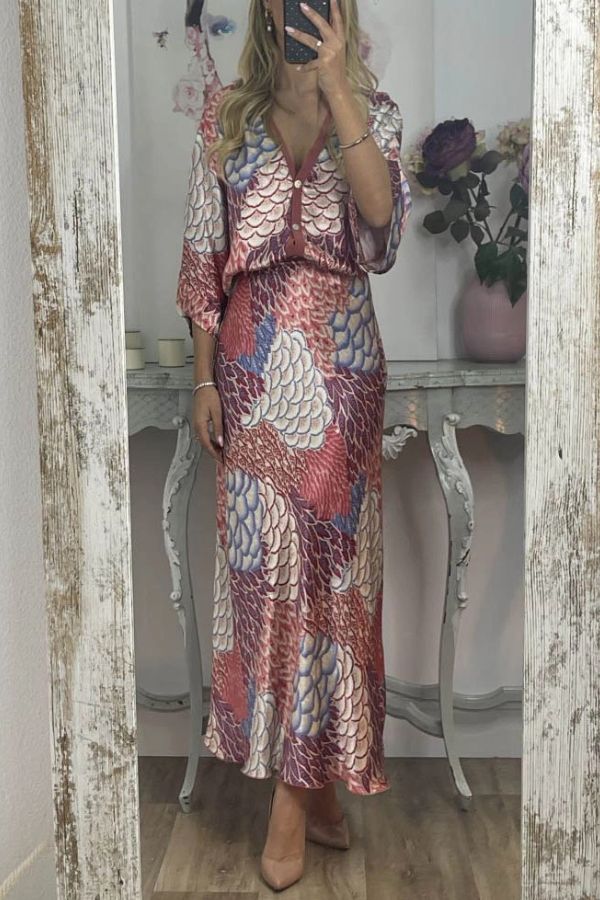 Satin Floral Print V-neck Half-sleeve Loose Top and Elegant Maxi Skirt Set