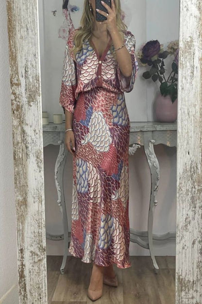 Satin Floral Print V-neck Half-sleeve Loose Top and Elegant Maxi Skirt Set