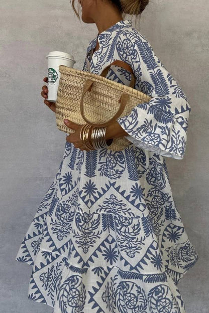 Bohemian Floral Print Stand Collar V-Neck 3/4 Sleeve A-Line Dress