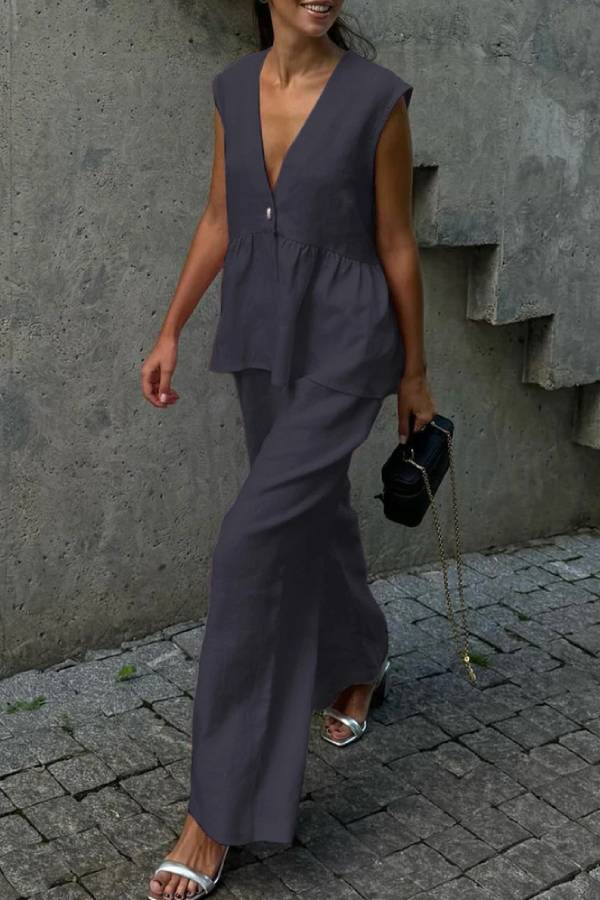 V-Neck Sleeveless Ruffled Peplum Top + Wide-Leg Pants Linen Set