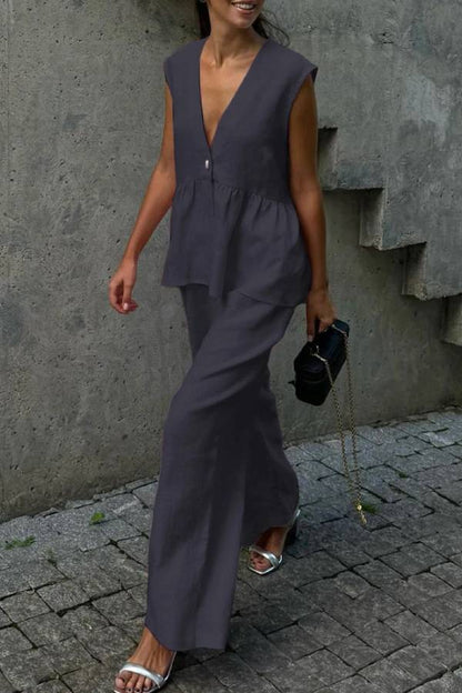 V-Neck Sleeveless Ruffled Peplum Top + Wide-Leg Pants Linen Set