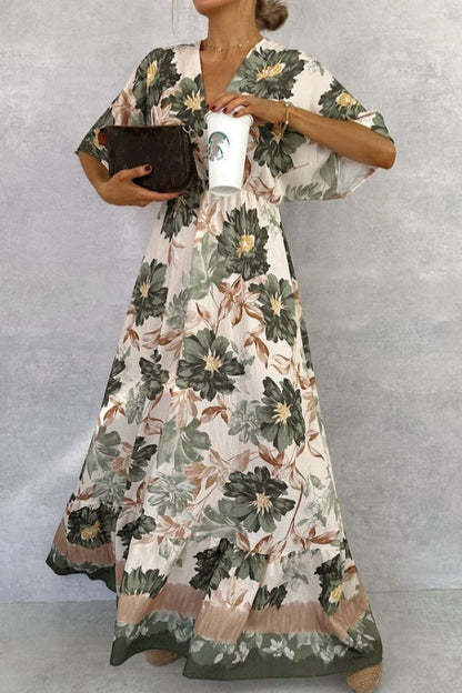 Retro V-neck Printed Short-sleeved Waist-length Maxi Dress