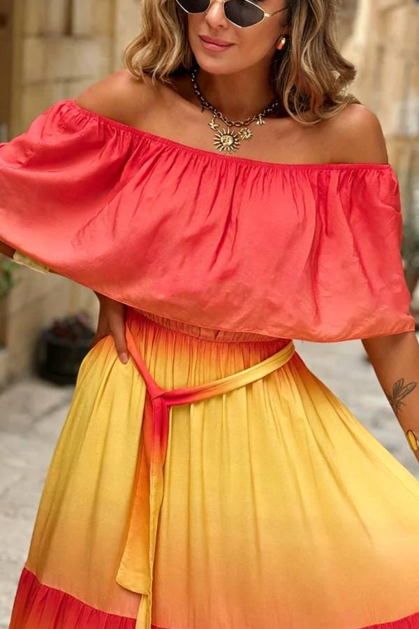 Joyelle Gradient Print Off Shoulder Tie-up Vacation Maxi Dress