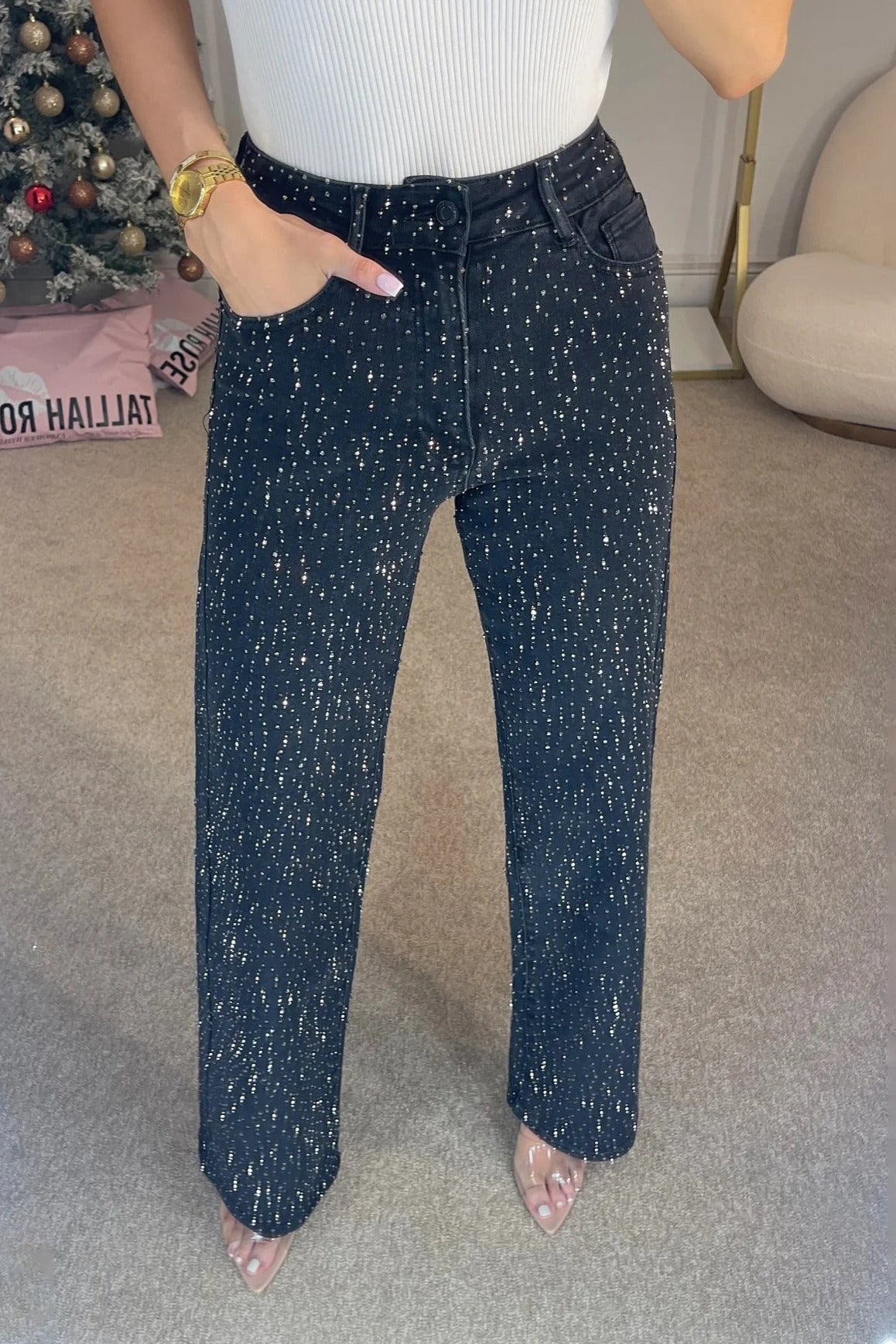 High Waist Crystal Embellished Washed Straight Jeans