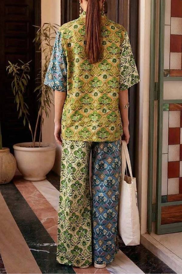 Retro Art Print Shirt & Wide-Leg Pants Two-Piece Set