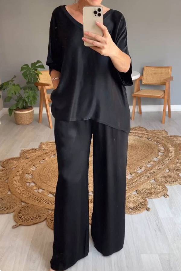 Solid color mercerized V-neck casual suit