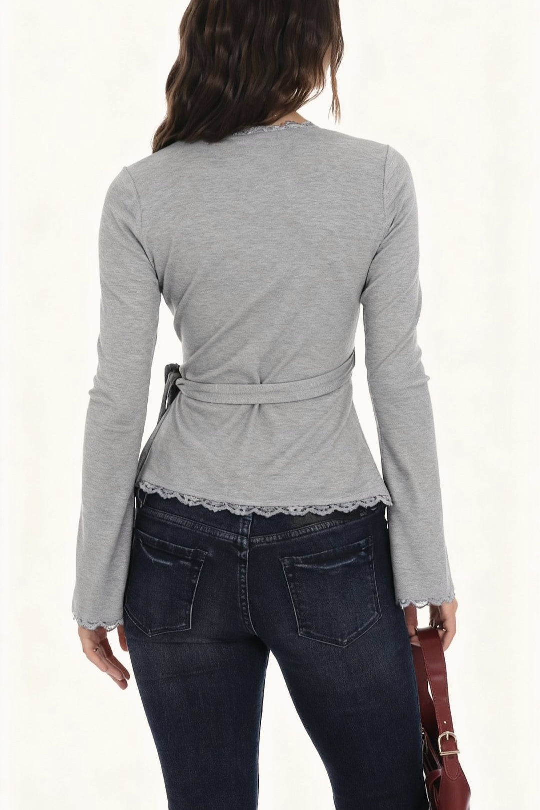 Lace Trim Wrap Tie Long Sleeve Tee