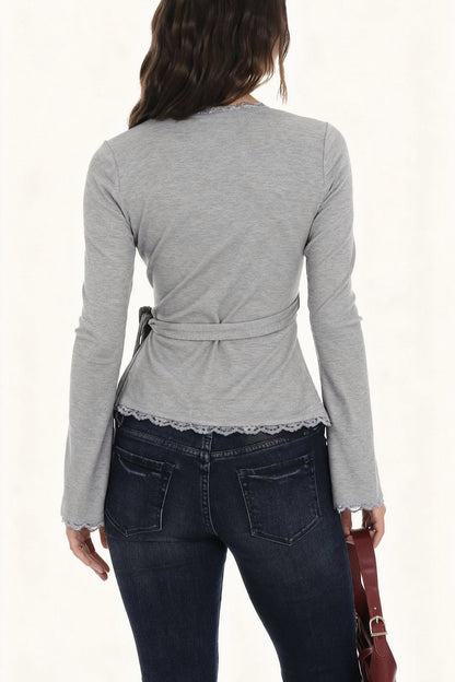 Lace Trim Wrap Tie Long Sleeve Tee
