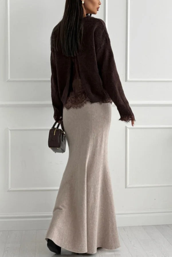 Caitlin Knit Stretch Fabric High Waist Fishtail Casual Maxi Skirt