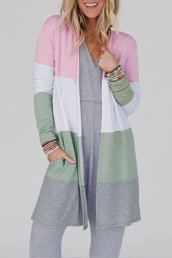 Multicolor Color Block Casual Pocketed Duster Cardigan