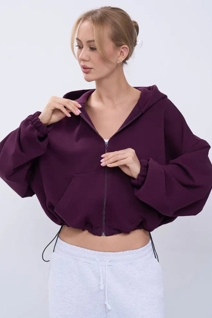 Cropped Fleece Zip Adjustable Waist Hoodie