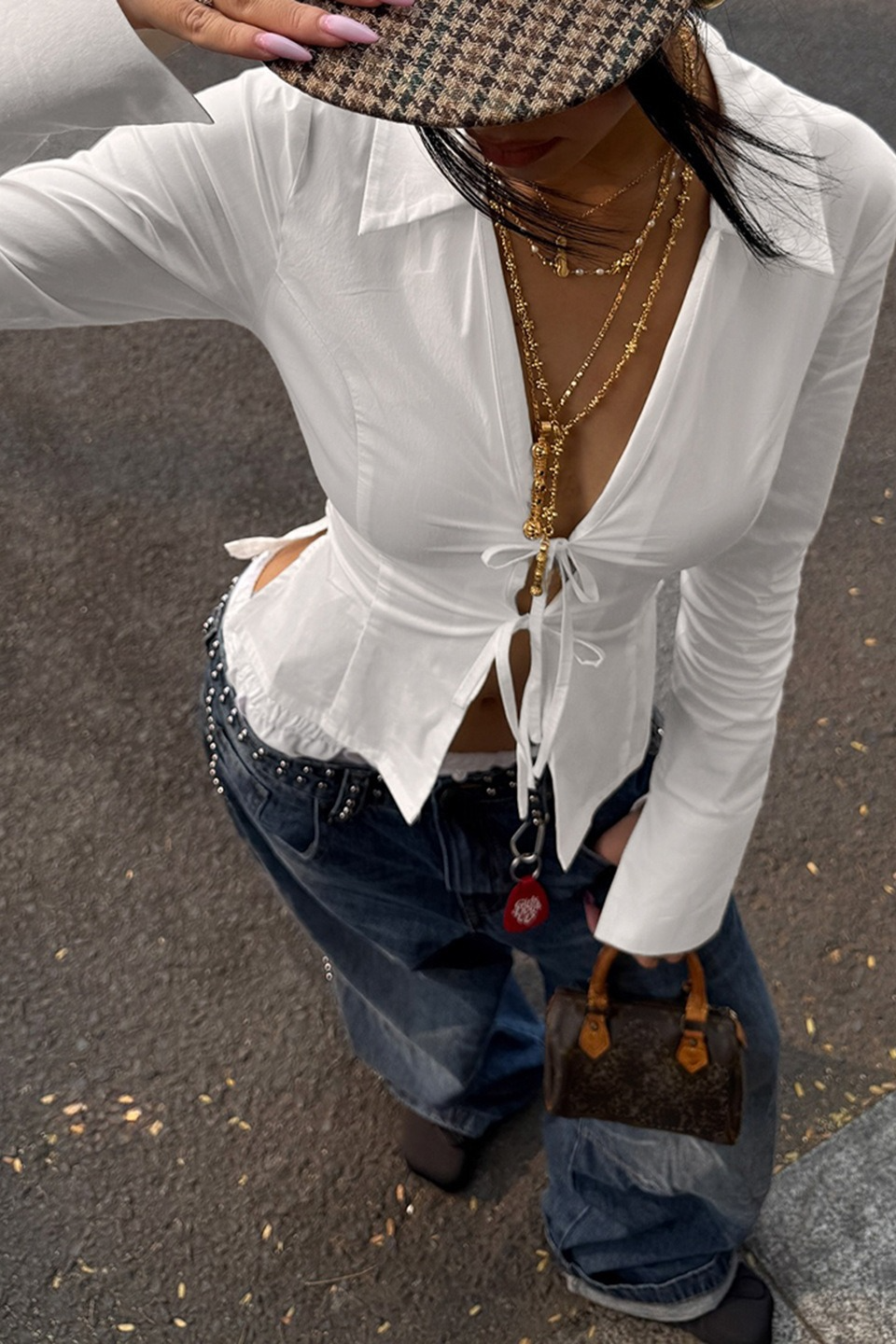 Vintage Bow Tie Waist Slim Cutout Split Long Sleeve Blouse