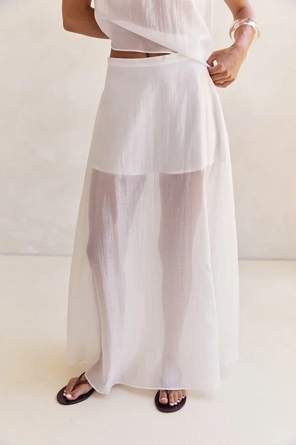 Lena Semi-sheer Irregular Hem Top and High Rise Side Zipper A-line Maxi Skirt Set
