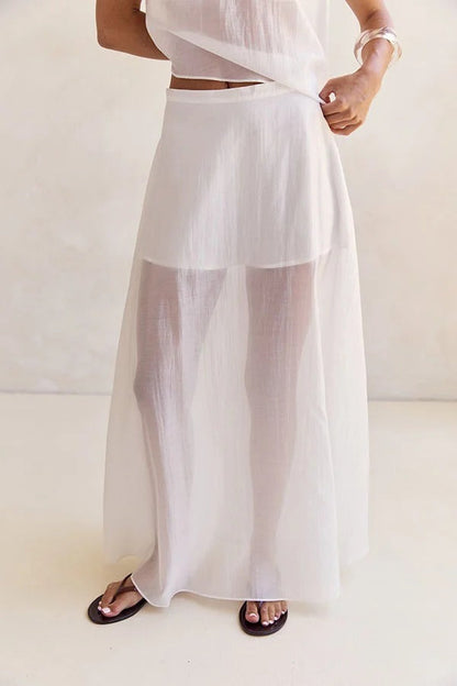 Lena Semi-sheer Irregular Hem Top and High Rise Side Zipper A-line Maxi Skirt Set