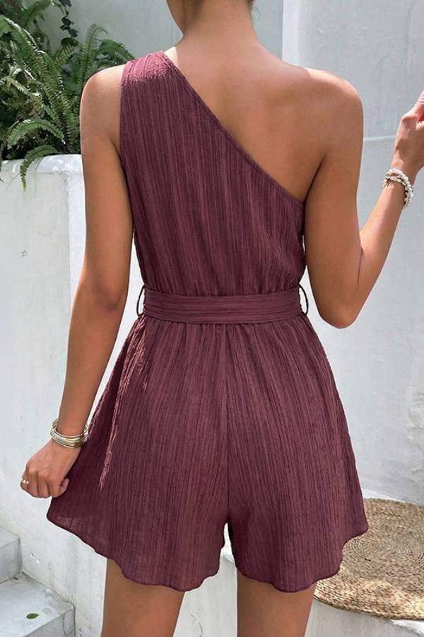 One-Shoulder Tie-Waist Textured Romper