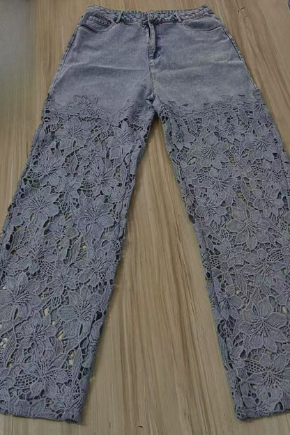 High Waist Lace Cutout Long Wide Leg Jeans