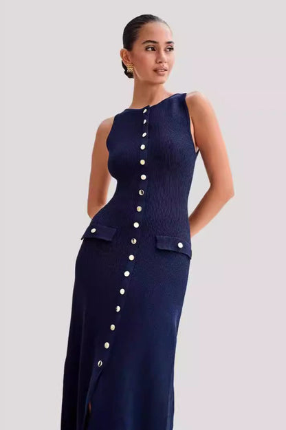 Ribbed Knit Sleeveless Button Down Crewneck Flap Pocket Bodycon Midi Sweater Dress