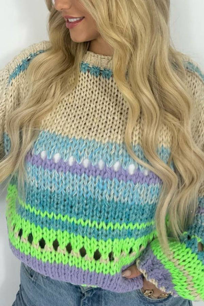 Rainbow Mood Multicolor Round Neck Hollow Long Sleeve Knitted Sweater