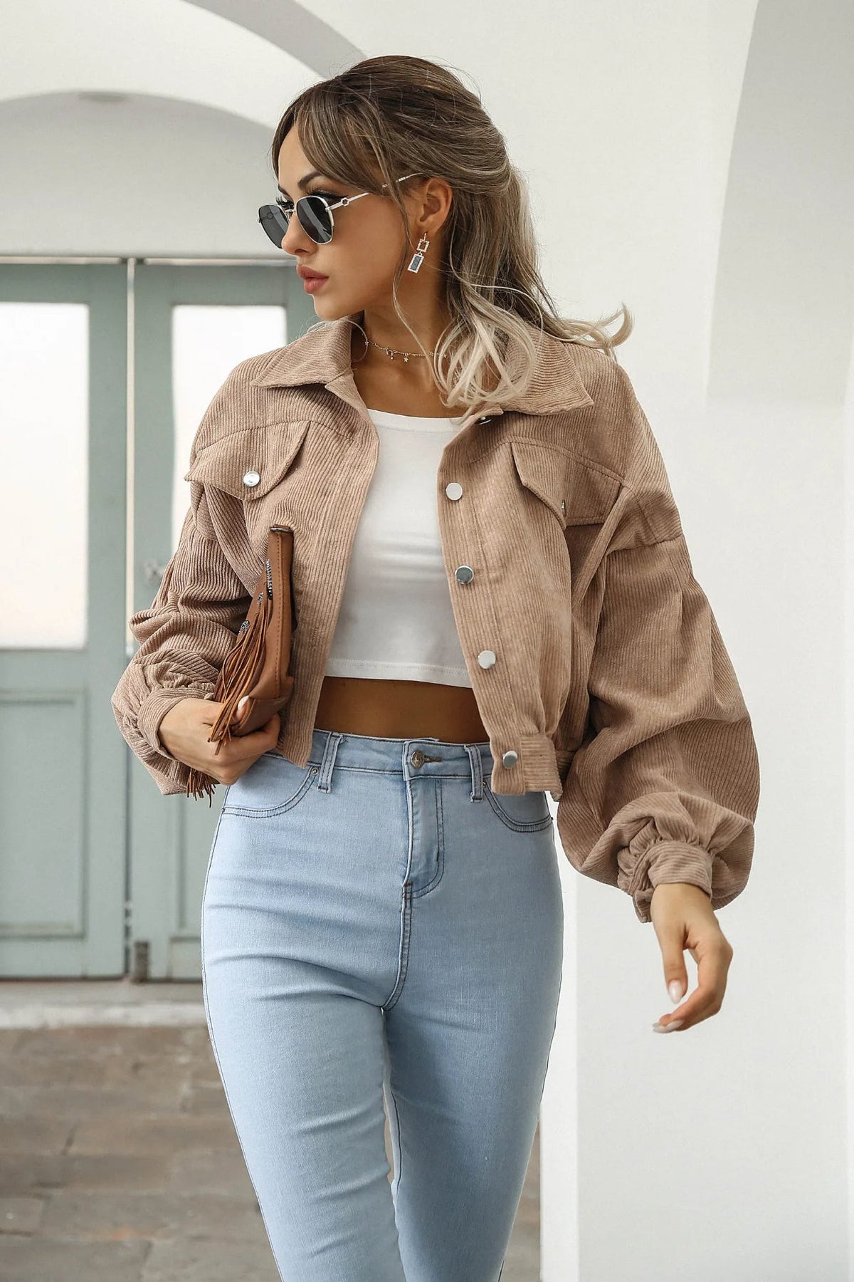 Corduroy Cropped Lantern Sleeve Jacket