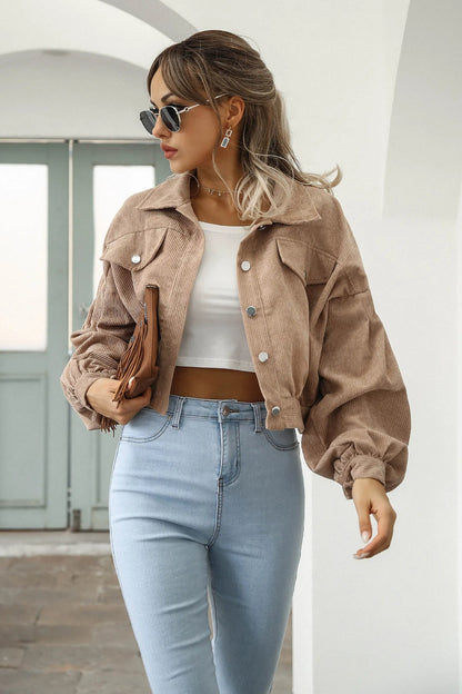 Corduroy Cropped Lantern Sleeve Jacket
