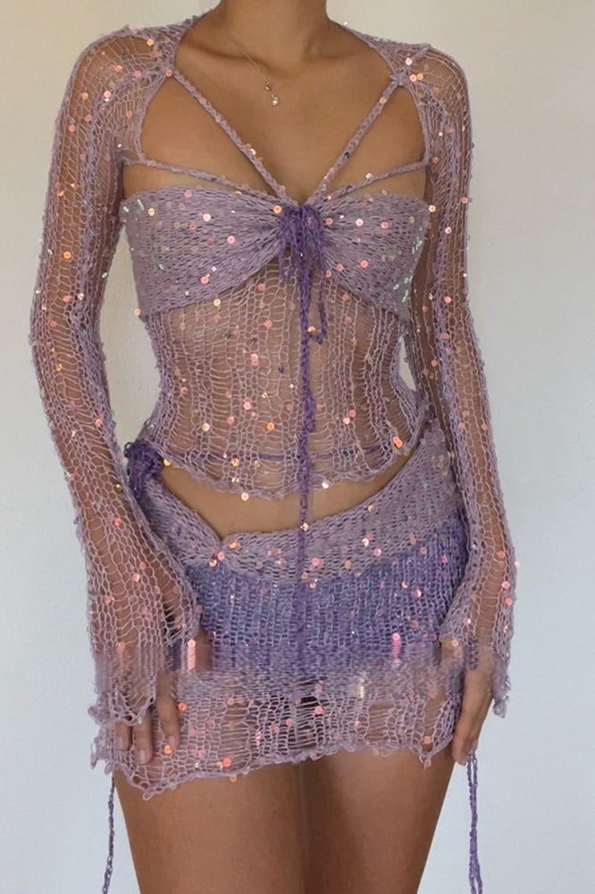 Sequin Knit Cutout Sweater Three Piece Skirt Set