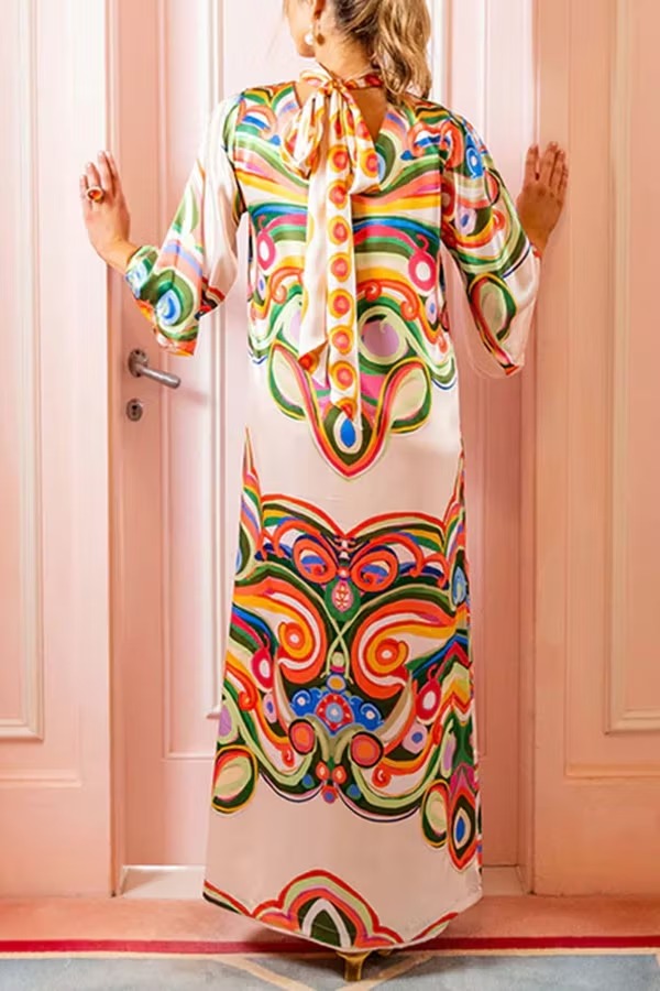 Venice Satin Colorful Baroque Style Print High Neck Tie-up Half Bell Sleeve Maxi Dress