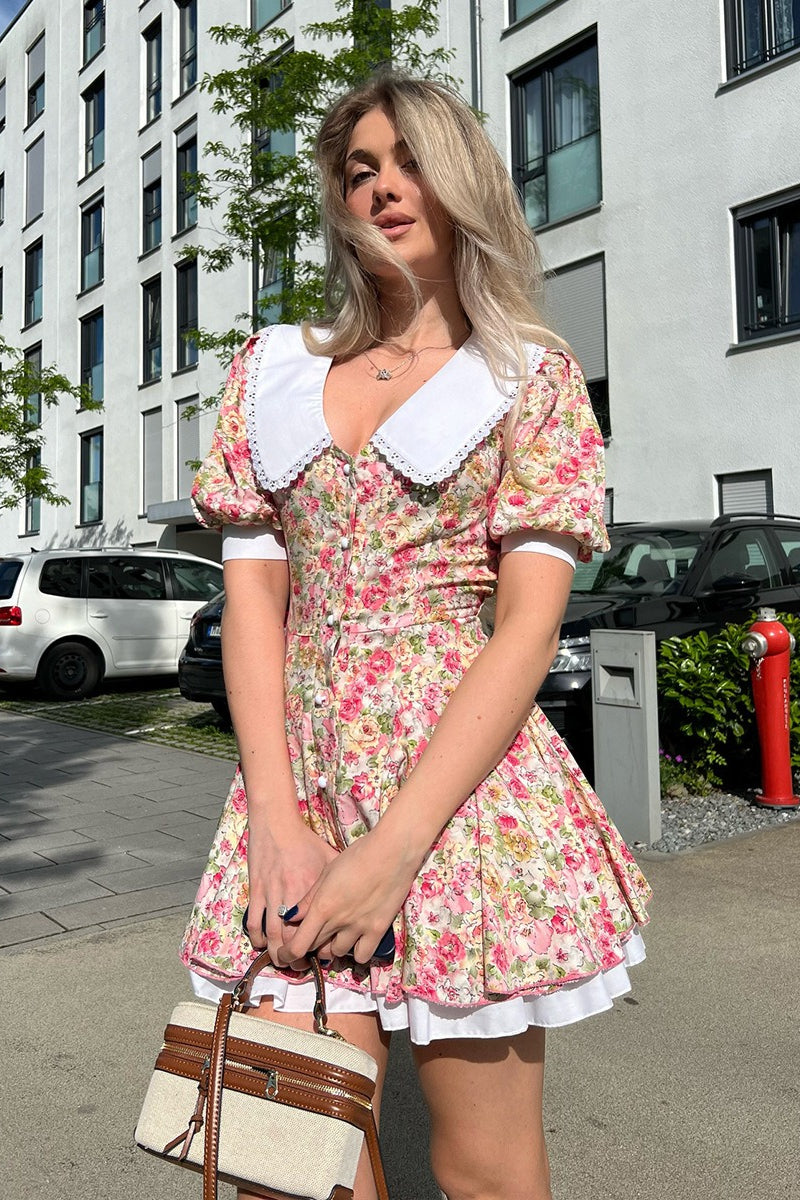 Doll Collar Puff Sleeve Mini Floral Dress