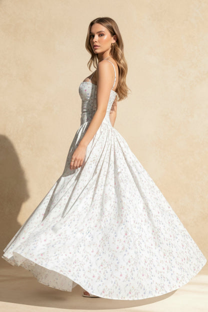 Floral Print Corset Bodice Basque Waist Pleated Ball Gown Maxi Dress