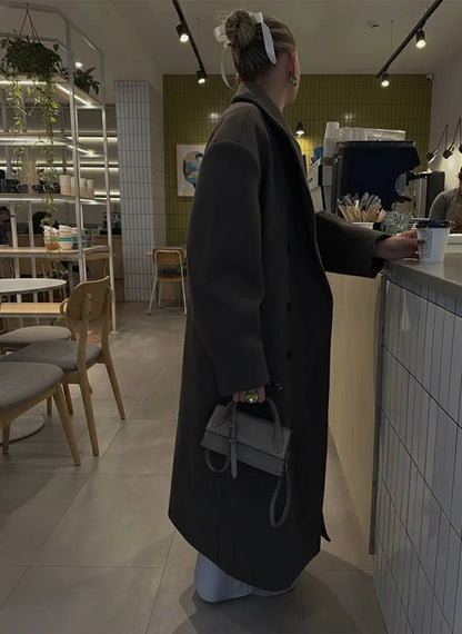 Solid Double-Breasted Turn-Down Overcoat