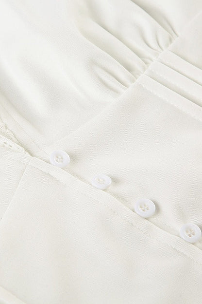 Lace Paneled V Neck Puff Short Sleeve Blouse