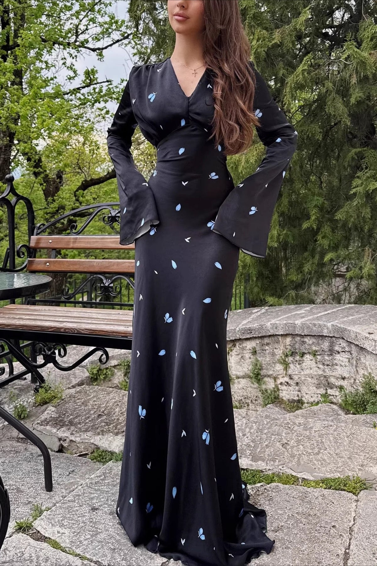 Elegant V Neck Flare Sleeve Maxi Floral Dress