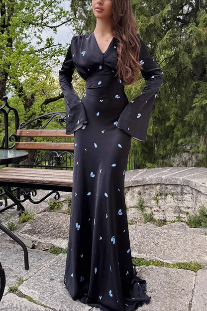 Elegant V Neck Flare Sleeve Maxi Floral Dress