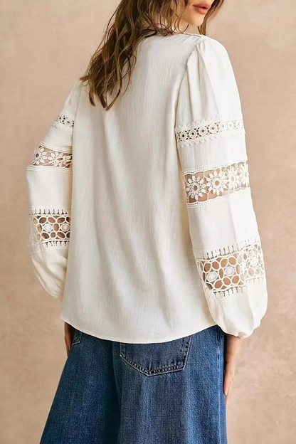 Elegant Lace Trim Cutout Panel Long Sleeve Blouse