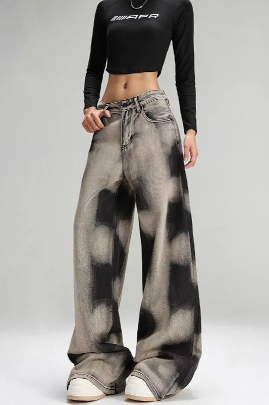 Vintage Grey Tie Dye Wide Leg Jeans