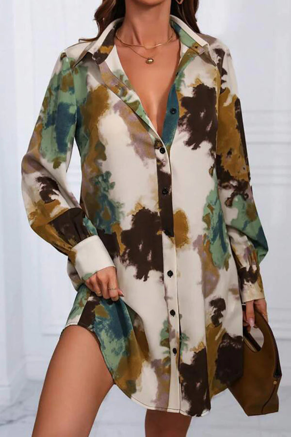 Casual Vintage Geometric Print Patchwork Turndown Collar Shirt Dress Dresses