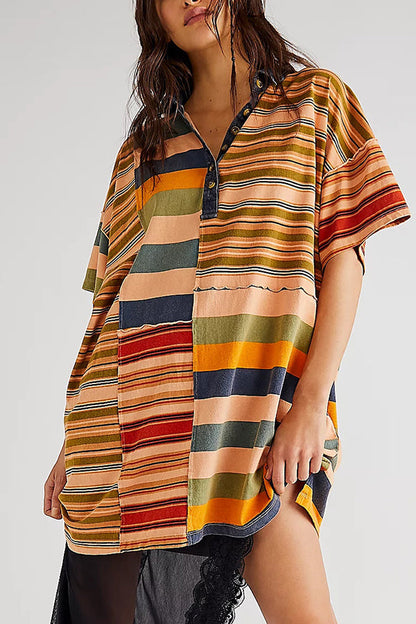 Denim Collar Striped Patchwork Polo Rugby Mini Dress