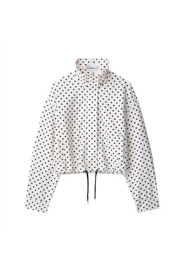 Polka Dot Print Stand Collar Zip-Up Drawstring Cropped Jacket