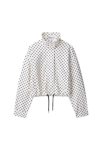 Polka Dot Print Stand Collar Zip-Up Drawstring Cropped Jacket