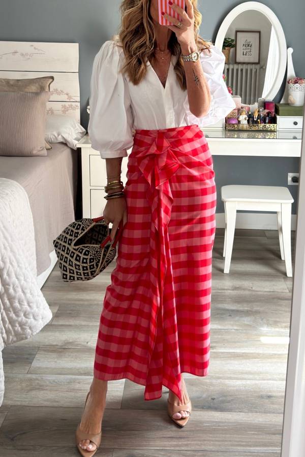 Red and White Checkered High Waist Tie Draped Maxi Skirt