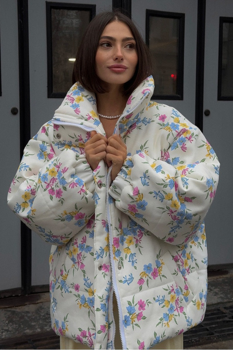 Printed Quilted Stand Collar Coat