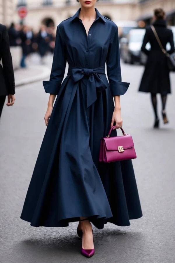 Shirt-collar, fitted-waist long dress
