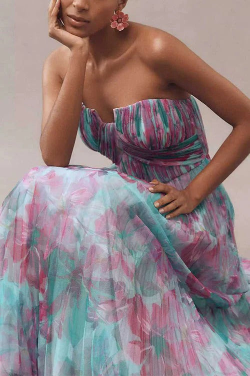 Strapless Floral Print Pleated Swing Maxi Dress
