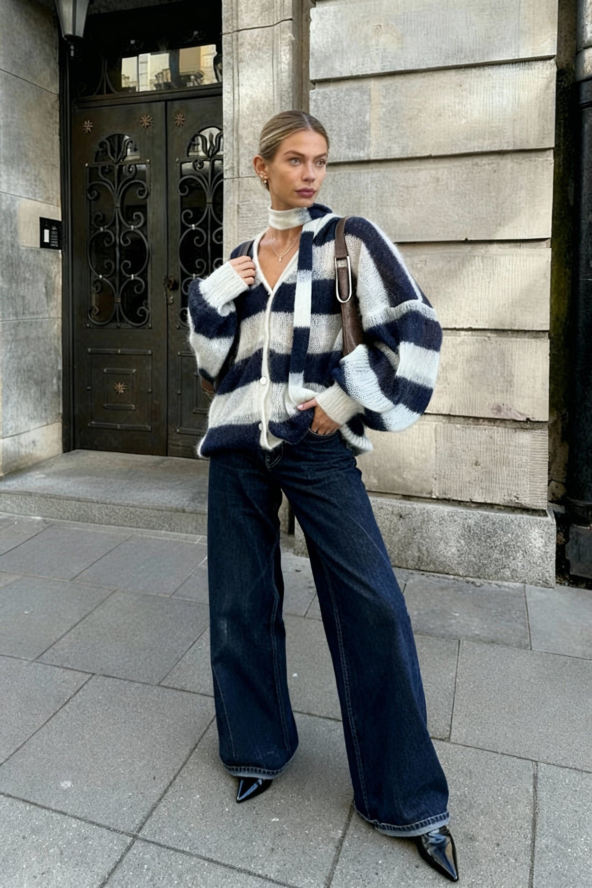 V-Neck Patchwork Knit Cardigan