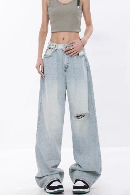 High Waist Draped Gradient Ripped Jeans