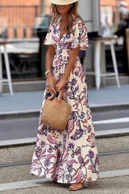 Pink and Purple Floral Print V-Neck Puff Sleeve Waist-Defining A-Line Cotton Linen Maxi Dress
