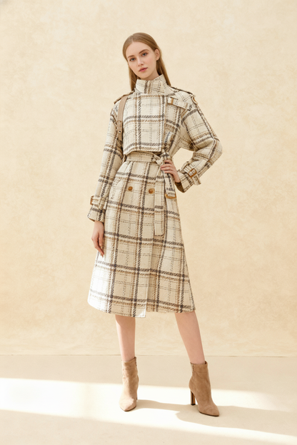 Autumn Winter Long Loose Warm Plaid Wool Blends Sleeve Belt Double Breasted Woolen Stylish Coat