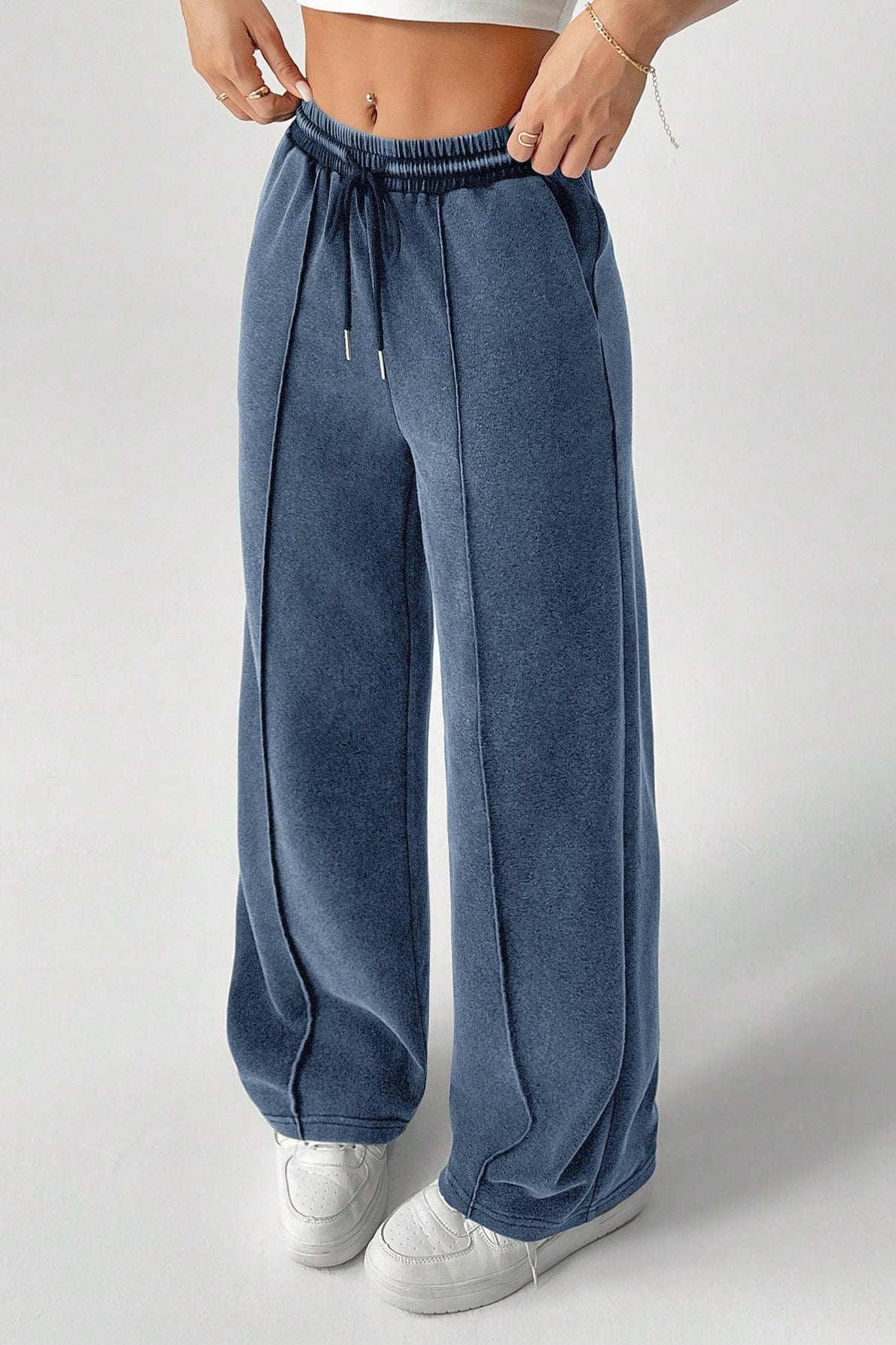 Solid Color Drawstring Waist Wide Leg Sweat Pants
