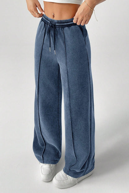 Solid Color Drawstring Waist Wide Leg Sweat Pants